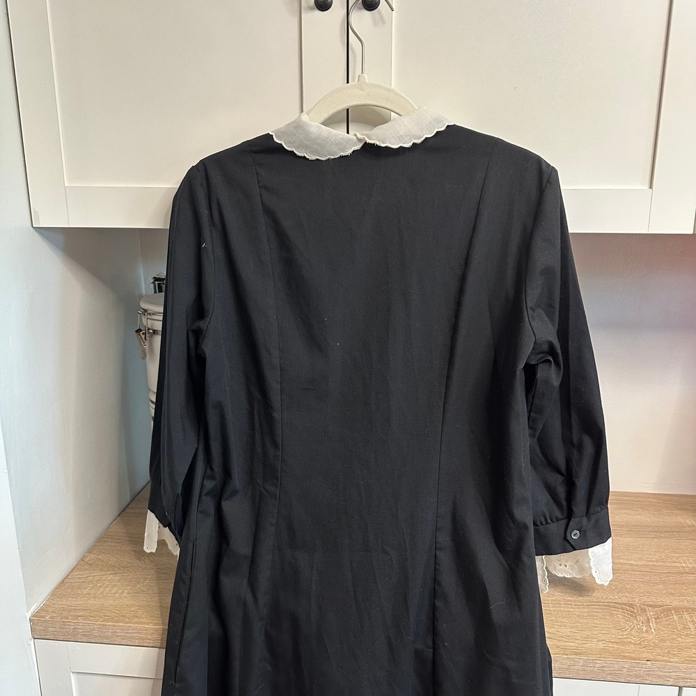 VTG 60s/70s Black Nurses Dress Womens 14 Lace PeterPan Collar Wednesday Addams - Picture 12 of 16